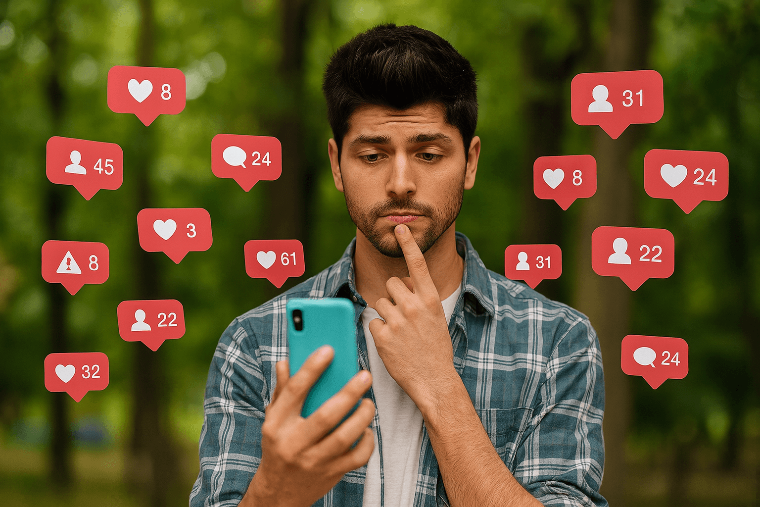 Persona frente a celular con cara de duda y muchas notificaciones flotando - caos digital
